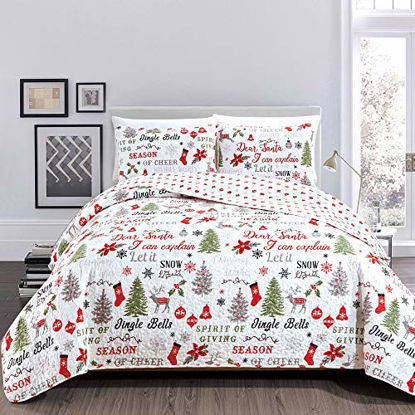 Picture of 3-Piece Christmas Quilt Set with Shams. Reversible Bedspread Coverlet with Holiday Pattern. Carol Collection (Full/Queen)