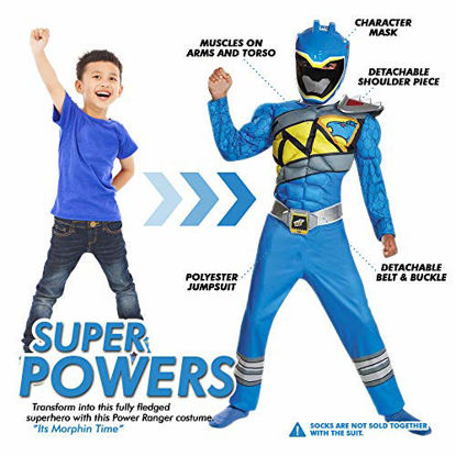 Picture of Blue Power Rangers Costume for Kids. Official Licensed Blue Ranger Dino Charge Classic Muscle Power Ranger Suit with Mask for Boys & Girls, Small (4-6)