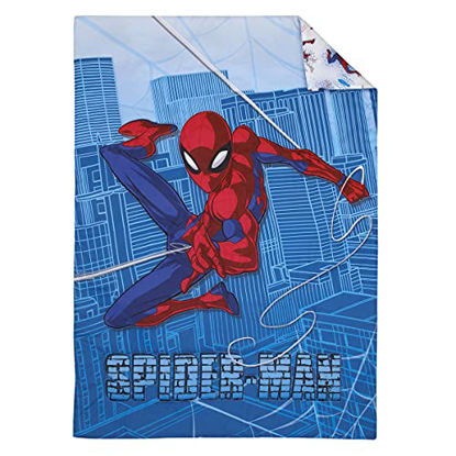 Picture of Marvel Spiderman Wall Crawler Red, White, and Blue Spider Webs 4 Piece Toddler Bed Set - Comforter, Fitted Bottom Sheet, Flat Top Sheet, and Reversible Pillowcase