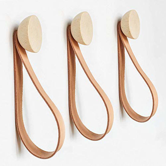 GetUSCart- Round Beech Wood Wall Mounted Coat Hook/Hanger With Leather  Strap (Set of 3 - ø1.9 Inch)