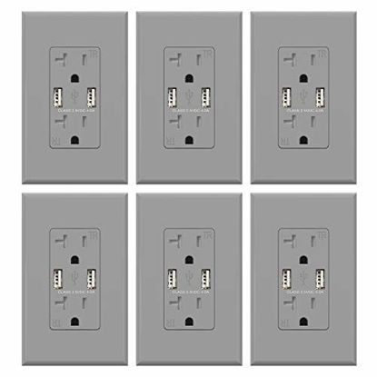 Picture of (6 Pack, Glossy Gray) ELEGRP USB Outlet Wall Charger, Dual High Speed 4.0 Amp USB Ports with Smart Chip, 20 Amp Duplex Tamper Resistant Receptacle Plug NEMA 5-20R, Wall Plate Included, UL Listed