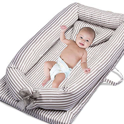 Picture of Baby Lounger Baby Nest for Co Sleeping Portable Ultra Soft Breathable Newborn Lounger Nest with Pillow, Infant Bassinet Crib Mattress Co Sleeper for Traveling Shower Gift(Stripe)