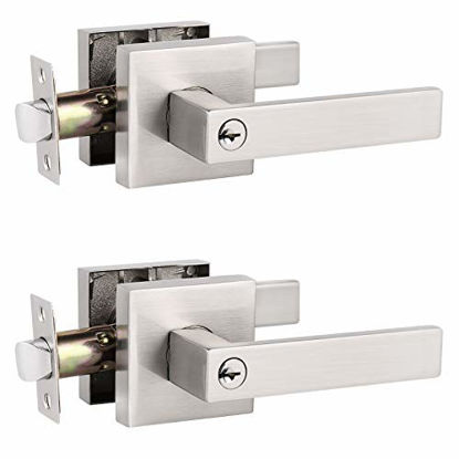 Picture of 2 Pack Probrico Interior Bedroom Entrance Door Lever Doorknobs Door Lock One Keyway Entry Keyed Entrance Lockset in Satin Nickel Each with 3 Keys