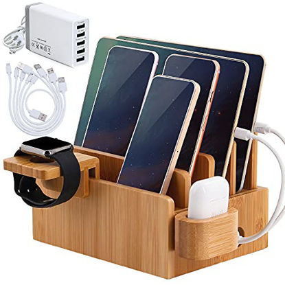 Picture of Bamboo Charging Station for Multiple Devices (Included 5 Port USB Charger, 5 Pack Charge & Sync Cable, Watch&Earbuds Stand), Electronic Device Desktop Organizer for Cellphone, Tablet, Watch, Earbuds