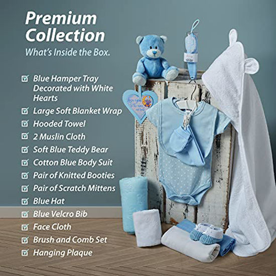 Picture of Baby Boy Blue Gift Hamper - with Fleece Wrap, Hooded Towel, Baby Clothes, 2 Muslin Cloths and Cute Teddy Bear