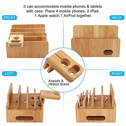 Picture of Bamboo Charging Station for Multiple Devices with 5 Port USB Charger, 5 Cables and Smart Watch & Earbuds Stand. Pezin & Hulin Desk Docking Stations Electronic Organizer for Cell Phone, Tablet