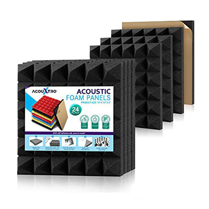 Picture of Acoustic Foam Panels Sets of 24 Pack with Self-Adhesive for Sound-Absorbing, Sound Insulation Padding Wall Tiles for Recording Studio Acoustical Treatments, Soundproof Foam, Black, 12 x 12 x 2 inches