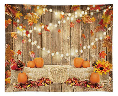 Picture of Funnytree 10x8FT Soft Fabric Fall Pumpkin Photography Backdrop Autumn Tanksgiving Harvest Hay Leaves Wooden Background Sunflower Maple Baby Shower Banner Decoration Party Supplies Photo Booth Prop