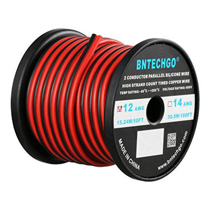 Picture of BNTECHGO 12 Gauge Flexible 2 Conductor Parallel Silicone Wire Spool Red Black High Resistant 200 deg C 600V for Single Color LED Strip Extension Cable Cord,Model,50ft Stranded Copper Wire