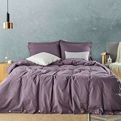 Picture of JELLYMONI Purple 100% Washed Cotton Duvet Cover Set, 3 Pieces Luxury Soft Bedding Set with Buttons Closure. Solid Color Pattern Duvet Cover King Size(No Comforter)