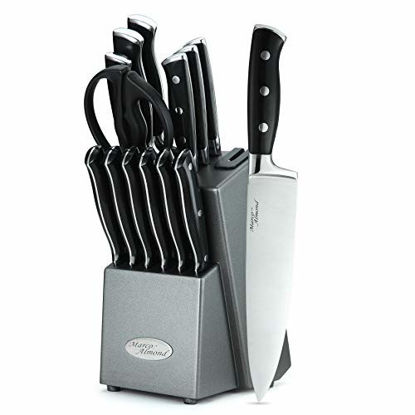 Picture of Marco Almond KYA31 Japanese Stainless Steel Knives Set, 14 Pieces Cutlery Set Kitchen Knife Sets in Hard Wood Block with Built in Sharpener, Full Tang Knife Block Set, Graphite Block, Best Gift