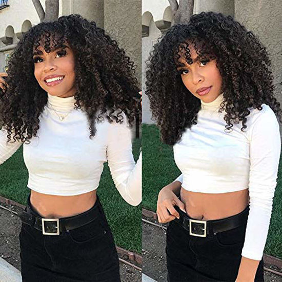 GetUSCart- Water Wave Human Hair Wigs with Bangs Brazilian Virgin Water  Curly Human hair Wigs None Lace Front Glueless 130% Density Machine Made  Wigs For Black Women Natural Color(16 Inch)