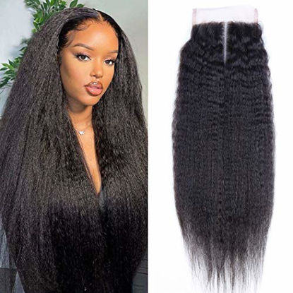 Picture of 16 Inch Lace Closure Kinky Straight 4X4 130% Density 8A Unprocessed Yaki Straight Virgin Remy Human Hair Lace Front Closure No Bleached Knots Closure Natural Color