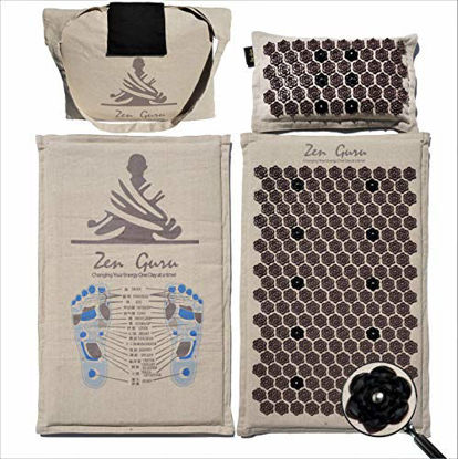 Picture of ZenGuru New Natural Acupressure Mat & Pillow Set - Effective Remedy for Sciatica, Back & Neck Pain - Trigger Point Massage - Stress Relief - W/Magnet Therapy (Lotus Spike Mat & Pillow - Natural Linen)
