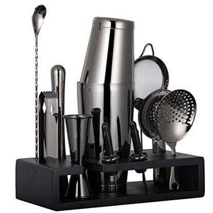 Picture of 13-Piece Black Cocktail Shaker Set Bartender Kit | Drink Mixer Bar Set with Stand & Recipe Book | Cocktail Set Bar Accessories: Martini Shaker, Strainer, Jigger, Muddler, Spoon, & More