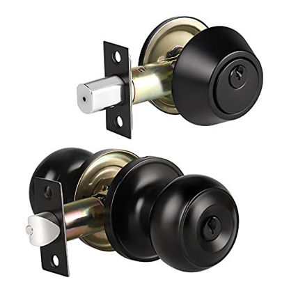 Picture of 2 Pack Entrance Door Knob Keyed Entry Door Knob with Deadbolt, Keyed Alike, Single Cylinder Deadbolt with Matching Round Style Knob, Matte Black