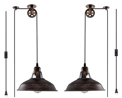 Picture of Plug in Pendant Light Industrial Pulley Pendant Lamp E26 Vintage Hanging Light Fixture with 16.4ft Cord On/Off Switch for Pool Table,Houseplant Grow Lights,Kitchen Island,Sink 2 Pack Aged Bronze