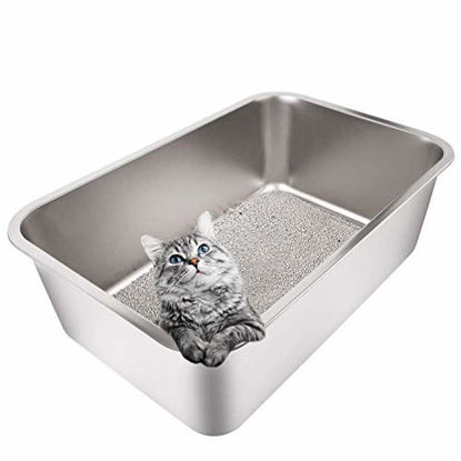 Picture of Yangbaga Stainless Steel Litter Box for Cat and Rabbit, Large Size with 8in High Sides and Non Slip Rubber Feet. Odor Control, Non Stick Smooth Surface, Easy to Clean, Never Bend (24'' 16'' 8'')