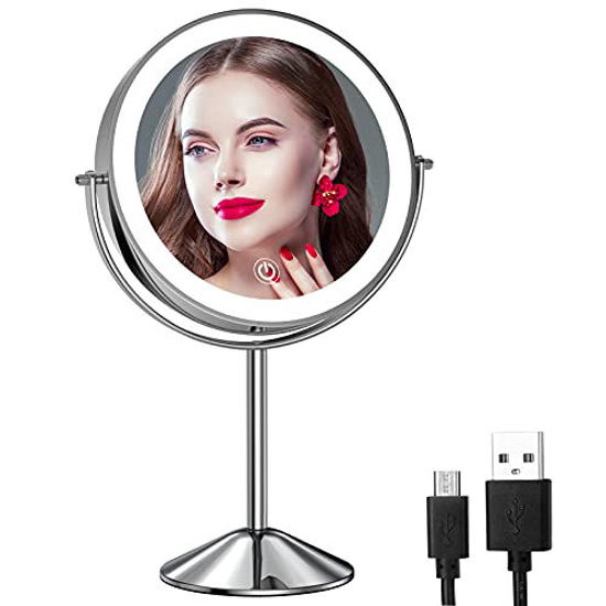Picture of Gospire 8 Inch Lighted Makeup Mirror 1X/10X Magnifying LED Makeup Mirror 3 Color Dimmable Lighting Modes Rechargeable Cordless Cosmetic Mirror with Touch Control Vanity Mirror 360° Rotation (Chrome)