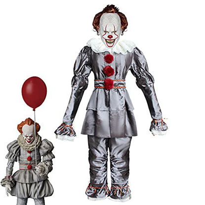 Picture of Creepy Clown Costume Kids Halloween Cosplay Outfit With Scary Mask Full Sets Masquerade Party (Silver, Small)