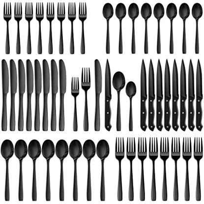 Picture of 48 Pcs Black Silverware Set, NETANY Black Flatware Set, Food-Grade Stainless Steel Cutlery Set for 8, Tableware Eating Utensils, Mirror Finished, Dishwasher Safe