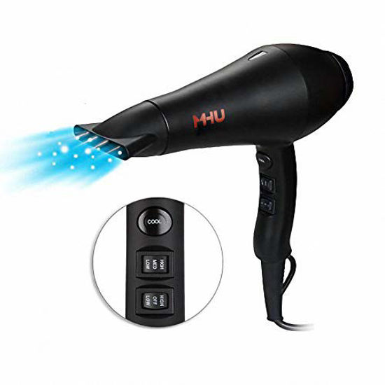 Picture of MHU Professional Salon Grade 1875w Low Noise Ionic Ceramic Ac Infrared Heat Hair Dryer Plus One Concentrator and One Diffuser Black Color