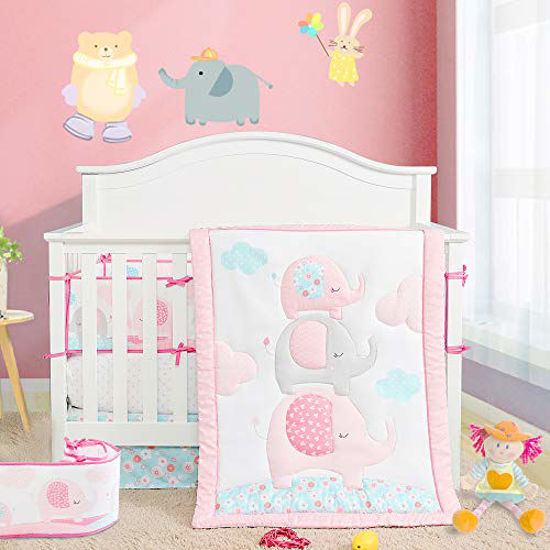 Elephants Nursery bedding Including Comforter Honkaii Crib Bedding Sets 7 Pcs for Girl & Boy Gray Fitted Sheet Crib Skirt & Bumper Standard Size Baby Bedding Set with Bumper Pads Neutral 