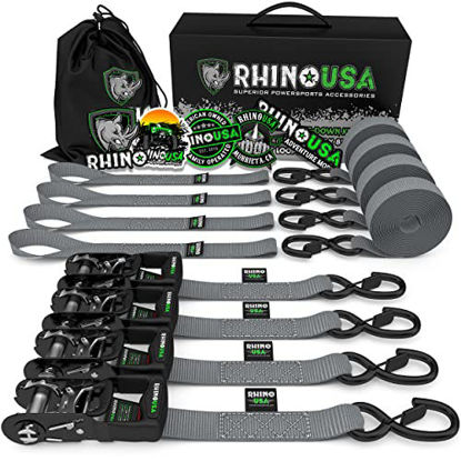 Picture of RHINO USA Ratchet Straps Tie Down Kit, 5,208 Break Strength - Includes (4) Heavy Duty 1.6" x 8' Rachet Tiedowns with Padded Handles & Coated Chromoly S Hooks + (4) Soft Loop Tie-Downs (Gray 4-Pack)