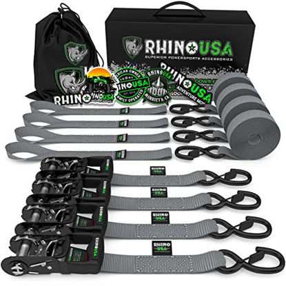 Picture of RHINO USA Ratchet Straps Tie Down Kit, 5,208 Break Strength - Includes (4) Heavy Duty 1.6" x 8' Rachet Tiedowns with Padded Handles & Coated Chromoly S Hooks + (4) Soft Loop Tie-Downs (Gray 4-Pack)