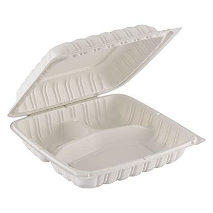 Picture of TIYA Clamshell Food Containers - To-Go 3 Compartment Storage Containers - Microwavable Plastic Hinged Lid Restaurant Takeout Clamshells - Great for Meal Prep (Bulk 150 Pack, White, 9" x 9")