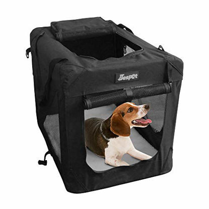 Picture of JESPET Soft Dog Crates Kennel for Pets, 3 Door Soft Sided Folding Travel Pet Carrier with Straps and Fleece Mat for Dogs, Cats, Rabbits, Grey Blue Beige & Black (36" L x 24" W x 27" H, Black)