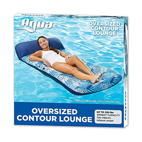 Picture of Aqua Oversize Supreme Fabric Covered 18-Pocket Inflatable Contour Lounge, Luxury Fabric, Suntanner Pool Float, Heavy Duty, Blue Ferns