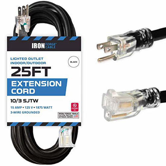GetUSCart- Iron Forge Cable 25 Foot Outdoor Extension Cord - 10/3 SJTW  Black 10 Gauge Extension Cable with 3 Prong Grounded Plug for Safety -  Great for Garden and Major Appliances, 15 AMP