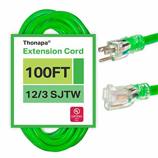 Picture of 100 Foot Outdoor Extension Cord - 12/3 Heavy Duty Neon Green Extension Cable with 3 Prong Grounded Plug for Safety - Great for Garden and Major Appliances