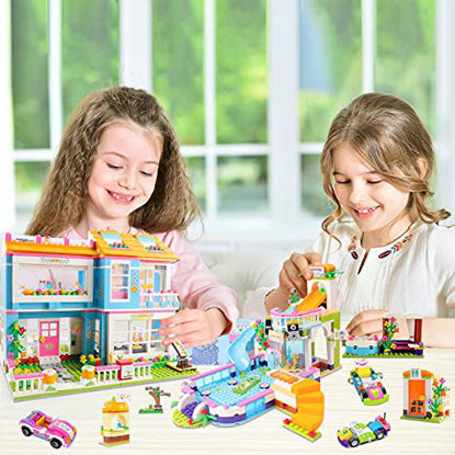 Picture of 1736 PCS Friends House Building Blocks Set Pool Party Building Toy Creative Construction Toy STEM Building Bricks Kit with Storage Box Perfect Role Play Toy Educational Gift for Girls 6-12