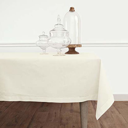Picture of Solino Home Hemstitch Cotton Linen Tablecloth - 58 x 132 Inch, Natural Fabric Machine Washable - Ivory Tablecloth for Indoor and Outdoor use