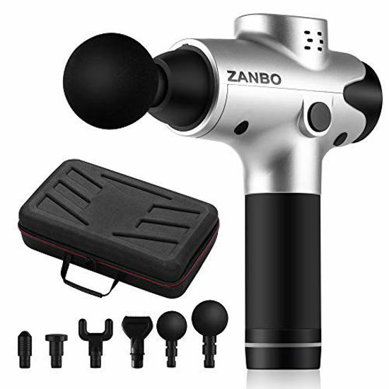 Picture of ZANBO Massage Gun, Athletes Portable Deep Tissue Percussion Muscle Massager Gun, Handheld Muscle Massage for Sore Muscle and Stiffness 6 Heads with 20 Speed Level Quiet Brushless Motor (Silver)