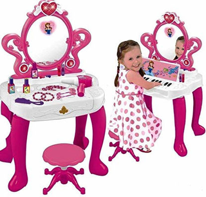 Picture of WolVolk 2-in-1 Vanity Set Girls Toy Makeup Accessories with Working Piano & Flashing Lights, Big Mirror, Cosmetics, Working Hair Dryer - Glowing Princess Will Appear When Pressing The Mirror-Button