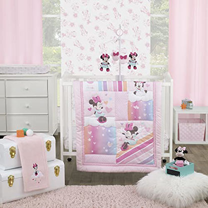 Picture of Disney Minnie Mouse Be Happy Pink Rainbow, Stars, & Clouds 3Piece Nursery Mini Crib Bedding Set - Comforter & Two Fitted Mini Crib Sheets, Pink, Purple, Orange, White