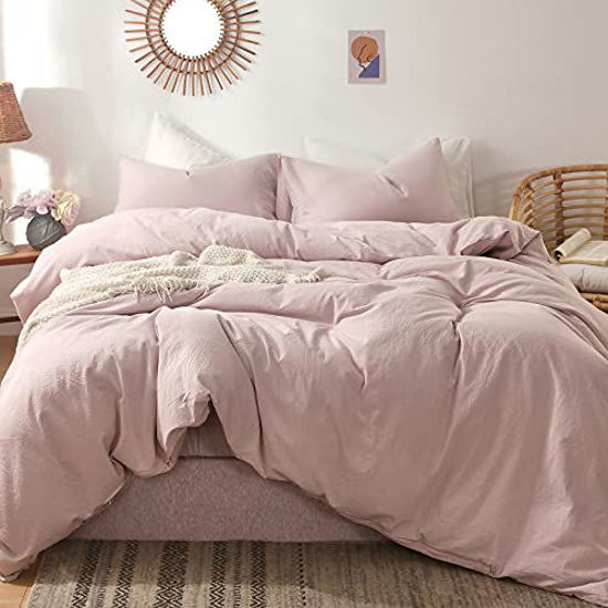 Picture of MooMee Bedding Duvet Cover Set 100% Washed Cotton Linen Like Textured Breathable Durable Soft Comfy (Greyish Pink, King)