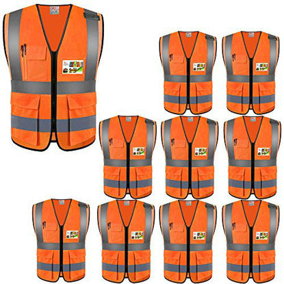 Picture of ZOJO High Visibility Safety Vests With Pockets, for Outdoor Works, Cycling, Jogging, Walking,Sports - Fits for Men and Women (Pack of 10 , XL-Neon Orange)