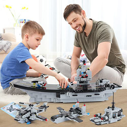 Picture of 1320 Pieces Aircraft Carrier Building Blocks Set, Military Battleship Model Building Toy Kit with Army Car, Helicopter & Boat, Storage Box with Baseplate Lid, Present Gift for Kids Boys Girls 6-12