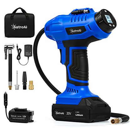 Picture of AstroAI Cordless Tire Inflator Air Compressor 20V Rechargeable Battery Powered 160PSI Portable Handheld Air Pump with 12V Car Power Adapter Digital Pressure Gauge for Cars Motorcycles Blue
