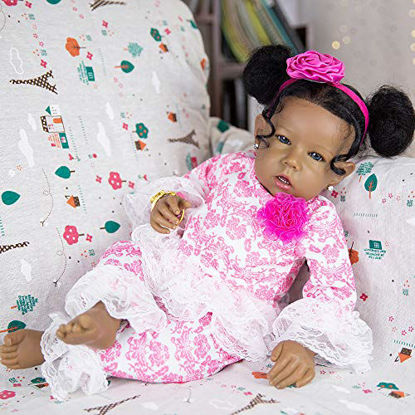 Picture of Rebornova Reborn Baby Dolls Black Girl, African American 20 Inch Realistic Newborn Baby Dolls with Lifelike Soft Body Silicone Limbs Birthday Gift Set for Ages 3+