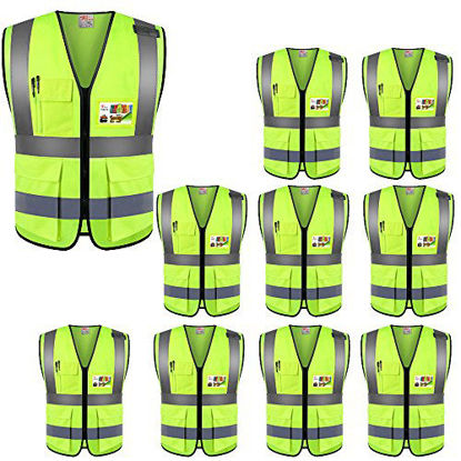Picture of ZOJO High Visibility Safety Vests With Pockets, Wholesale Reflective Vest for Outdoor Works, Cycling, Jogging, Walking,Sports - Fits for Men and Women (Pack of 10, XL Neon Yellow)