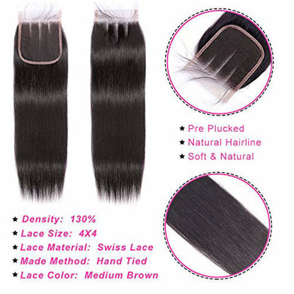 Picture of (14" 14" 14") Straight Brazilian Human Hair Bundles with Lace Closure 4x4 Three Part 12 Inch for Women Human Hair Wigs 100% Unprocessed Brazilian Virgin Human Hair Extension Natural Color