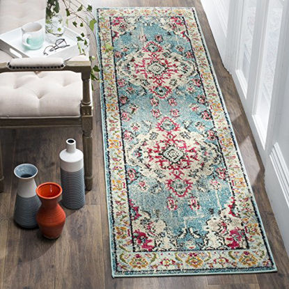 Picture of SAFAVIEH Monaco Collection MNC243J Boho Chic Medallion Distressed Non-Shedding Living Room Bedroom Runner, 2'2" x 12' , Light Blue / Fuchsia