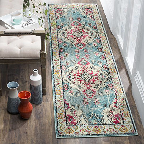 Picture of SAFAVIEH Monaco Collection MNC243J Boho Chic Medallion Distressed Non-Shedding Living Room Bedroom Runner, 2'2" x 12' , Light Blue / Fuchsia