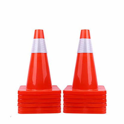 Picture of 12 Pack 18" Traffic Cones Safety Road Parking Cones Weighted Hazard PVC Cones Construction Cones for Traffic Fluorescent Orange with w/4" Reflective Strips Collar Plastic Safety Signs (12)