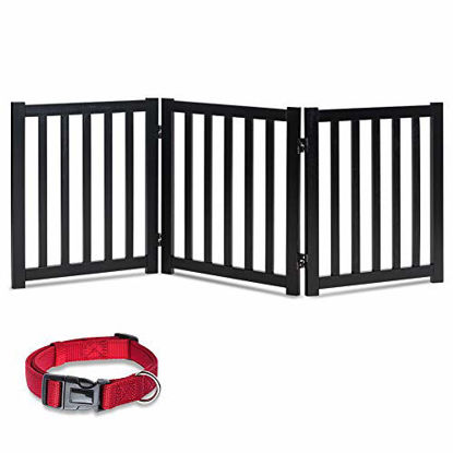 Picture of LZRS Oak Wood Foldable Pet Gate,Wooden Dog Gate,Cat Gate,Pet Gate with Pet Collar for House Doorway Stairs,Freestanding Indoor Outdoor Gate Safety Fence3 Panel 24"-Black